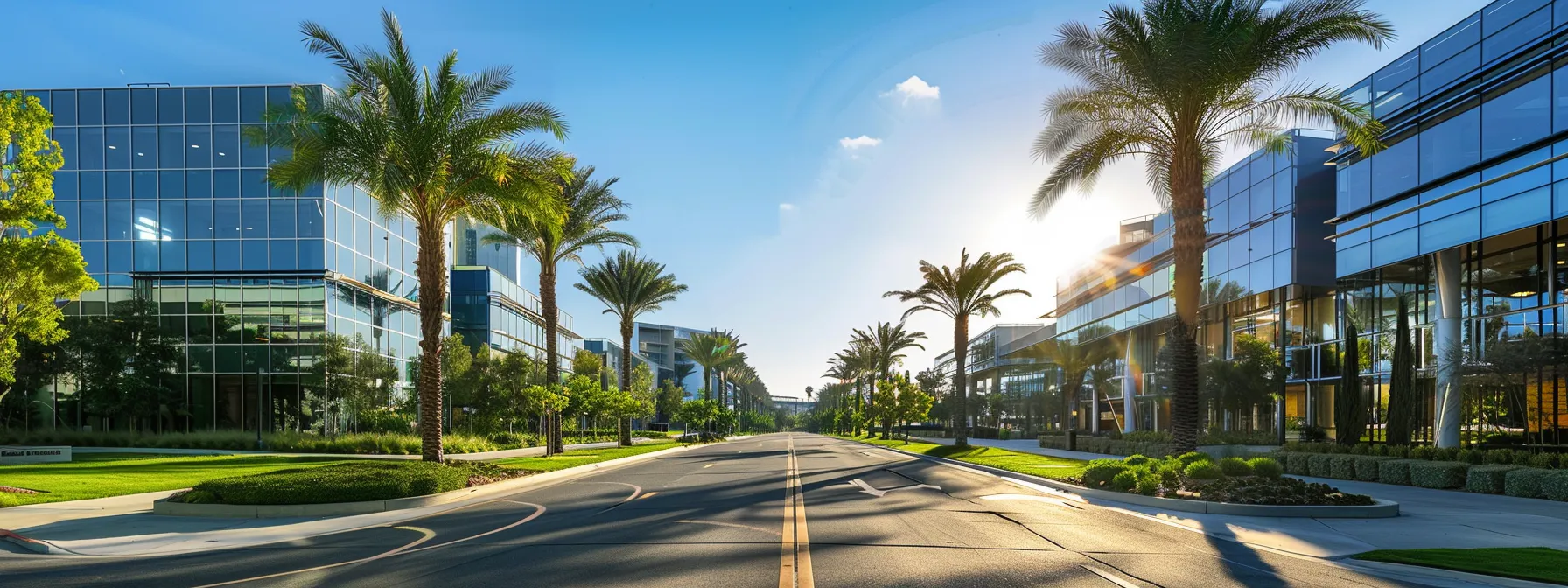 a modern office building in irvine, ca showcasing sleek glass architecture, surrounded by lush greenery under the bright california sun. a modern office building in irvine, ca showcasing sleek glass architecture, surrounded by lush greenery under the bright california sun.