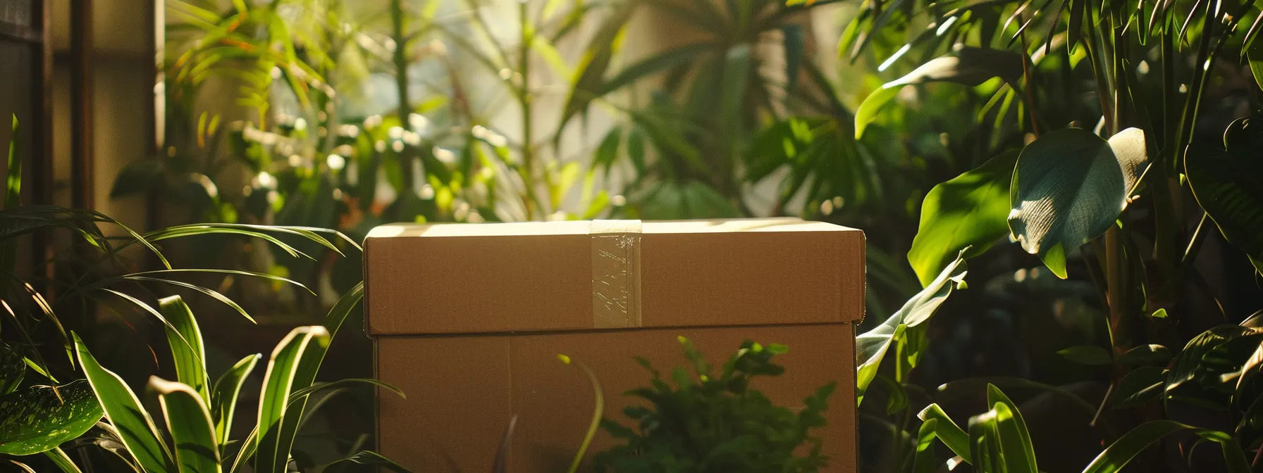 a moving box filled with biodegradable packaging materials against a backdrop of lush greenery, showcasing eco-friendly packing tips in action.