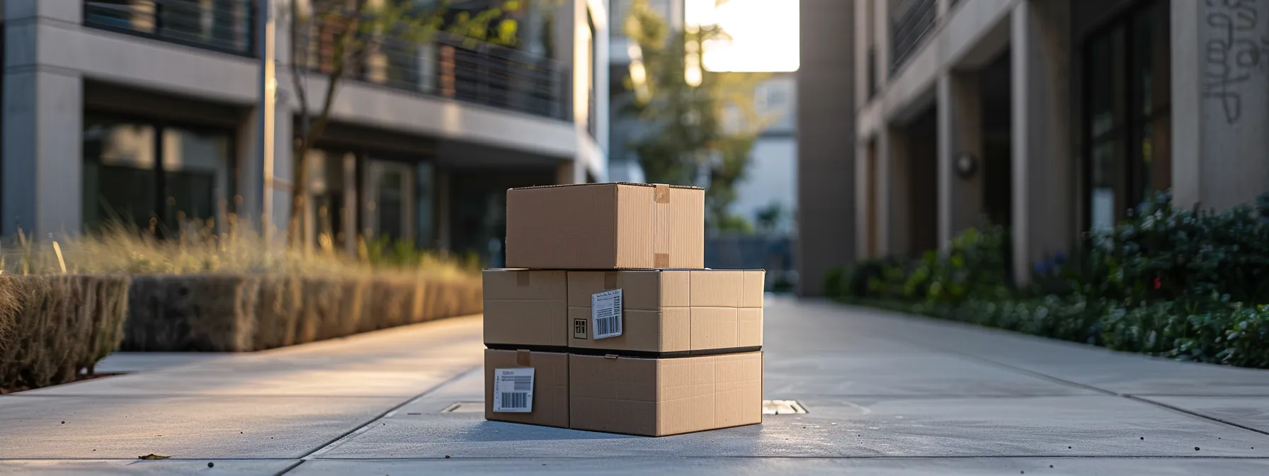 a moving box made of sturdy, sustainable cardboard sits stacked neatly in front of a modern irvine apartment building, showcasing the benefits of using recyclable materials for a move.