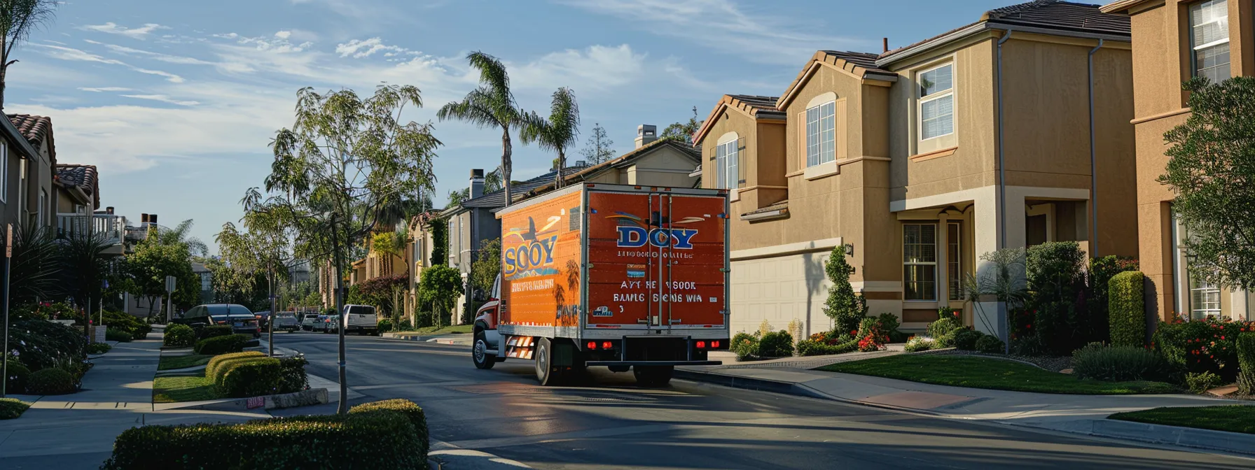 a moving company logo displayed prominently on a truck in an orange county neighborhood, showcasing their valid licensing and insurance credentials. a moving company logo displayed prominently on a truck in an orange county neighborhood, showcasing their valid licensing and insurance credentials.