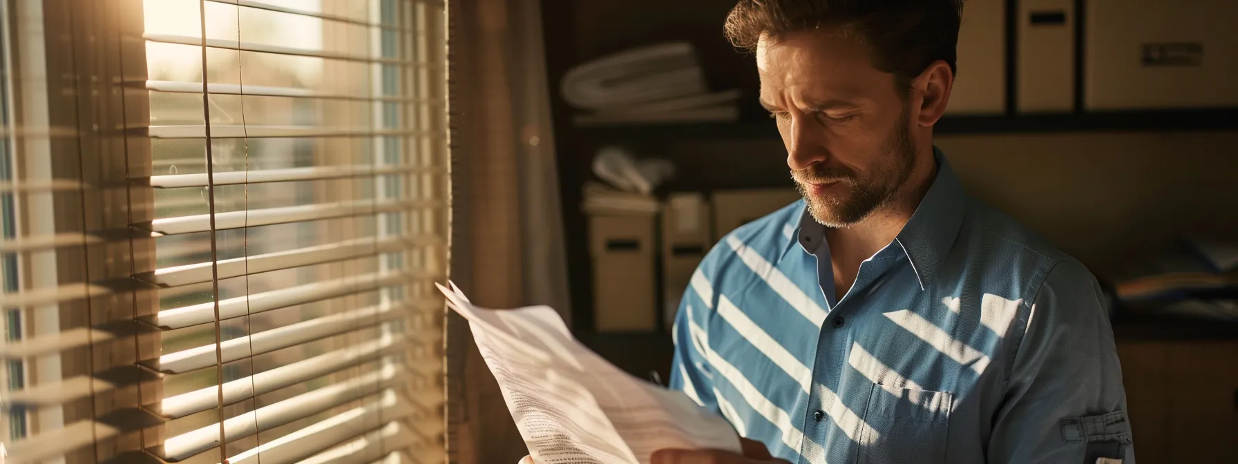 a moving company representative carefully inspecting a detailed inventory list as sunlight filters through the window, highlighting the precision and attention to detail in the process of obtaining accurate moving quotes.