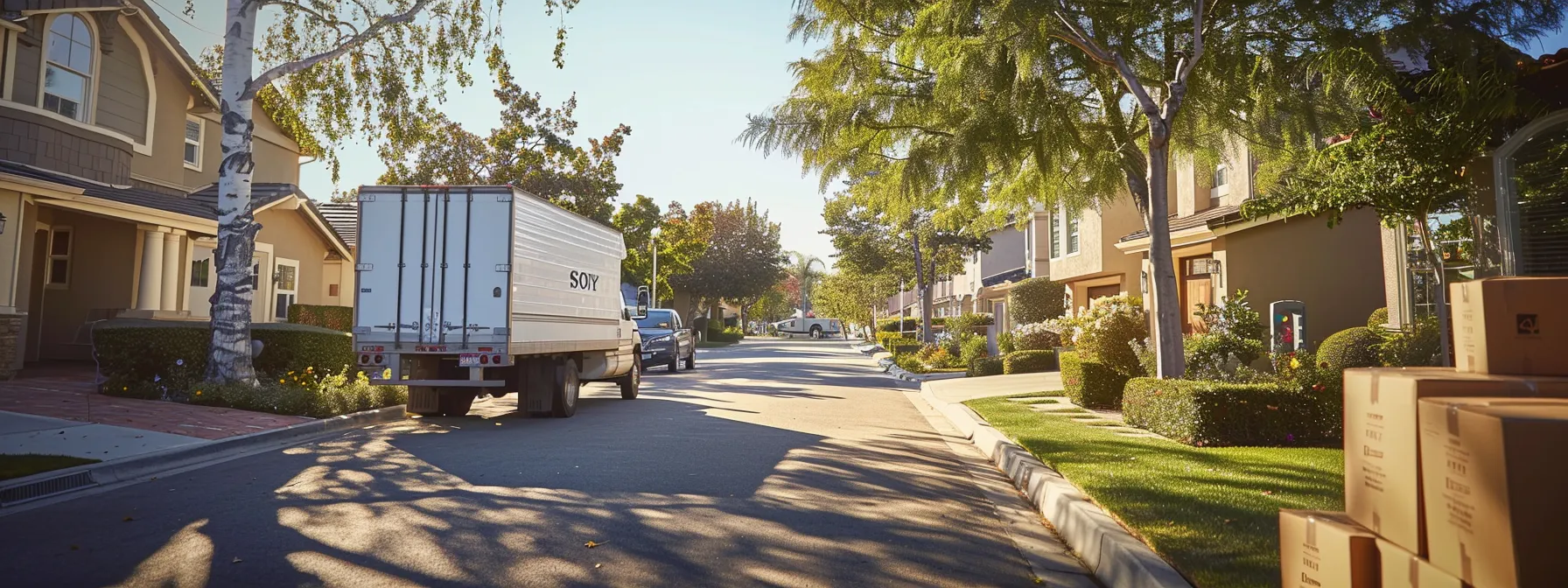 a moving company truck parked in a suburban neighborhood in irvine, ca, surrounded by neatly stacked moving boxes and packing supplies. a moving company truck parked in a suburban neighborhood in irvine, ca, surrounded by neatly stacked moving boxes and packing supplies.