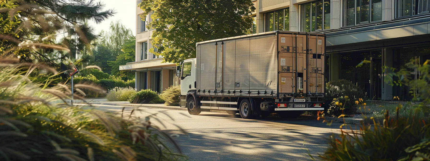 a moving truck filled with labeled reusable boxes and eco-friendly packing materials parked in front of a green-certified facility. a moving truck filled with labeled reusable boxes and eco-friendly packing materials parked in front of a green-certified facility.