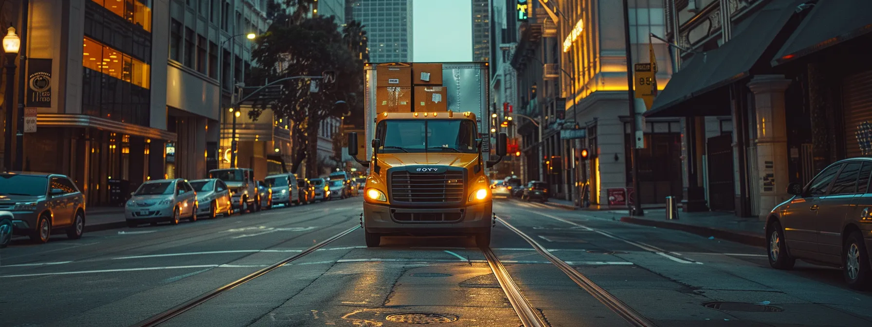 a moving truck loaded with boxes navigating through the bustling city streets of los angeles, highlighting the need for careful planning to avoid last-minute moving issues. a moving truck loaded with boxes navigating through the bustling city streets of los angeles, highlighting the need for careful planning to avoid last-minute moving issues.