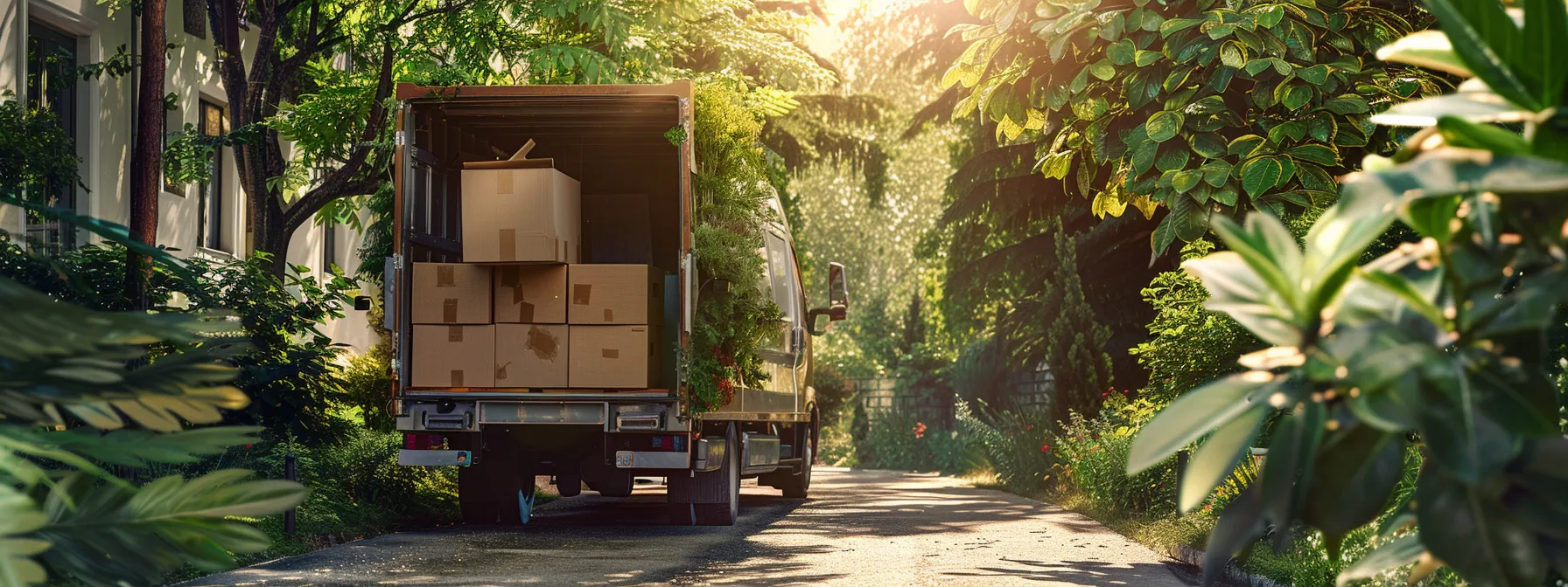 a moving truck loaded with eco-friendly packing materials and supplies, surrounded by greenery, symbolizing a sustainable and efficient relocation process. a moving truck loaded with eco-friendly packing materials and supplies, surrounded by greenery, symbolizing a sustainable and efficient relocation process.