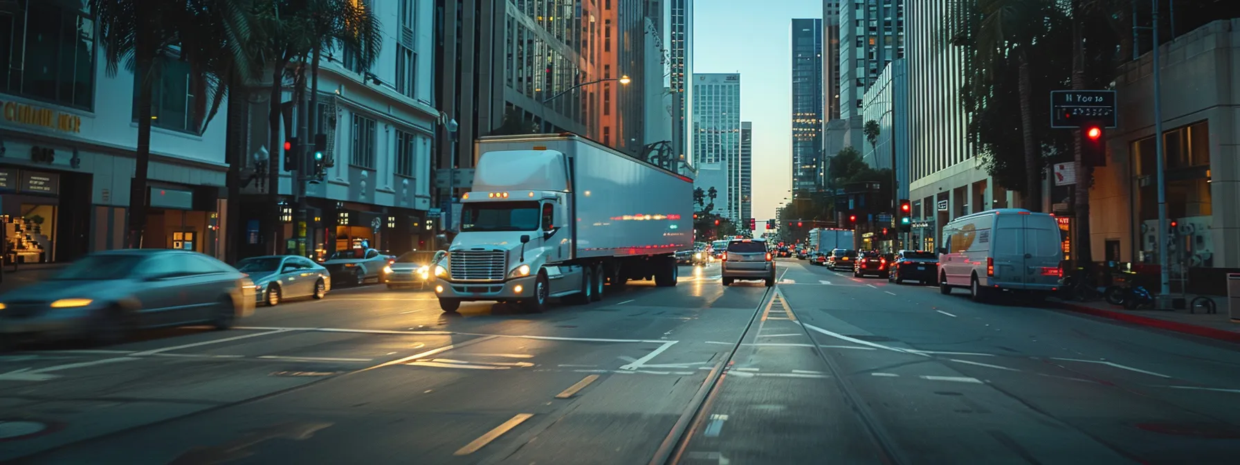 a moving truck navigating through congested los angeles traffic, surrounded by towering buildings and bustling streets. a moving truck navigating through congested los angeles traffic, surrounded by towering buildings and bustling streets.