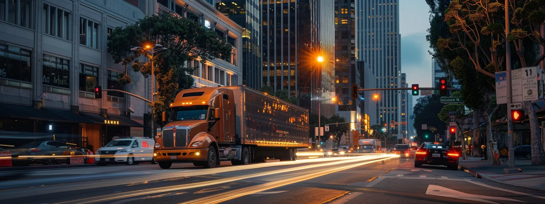 a moving truck navigating through the bustling streets of downtown los angeles, surrounded by high-rise buildings and traffic.