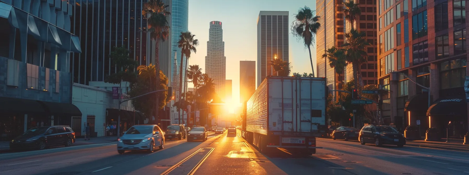 a moving truck navigating through the bustling streets of los angeles, surrounded by skyscrapers and palm trees, as the sun sets in the background.
