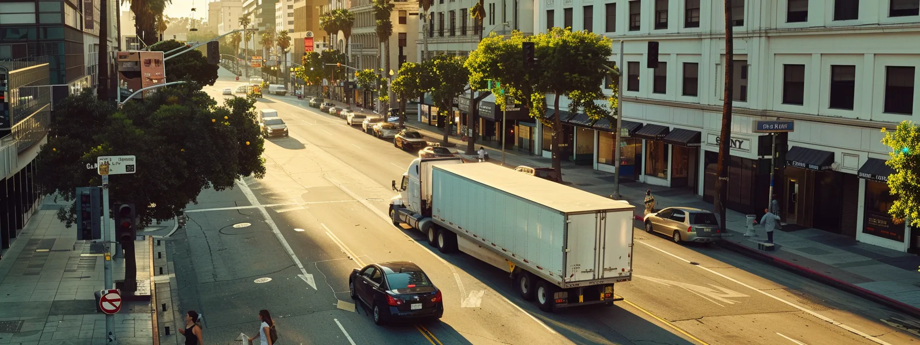 a moving truck navigating through bustling los angeles streets on moving day. a moving truck navigating through bustling los angeles streets on moving day.