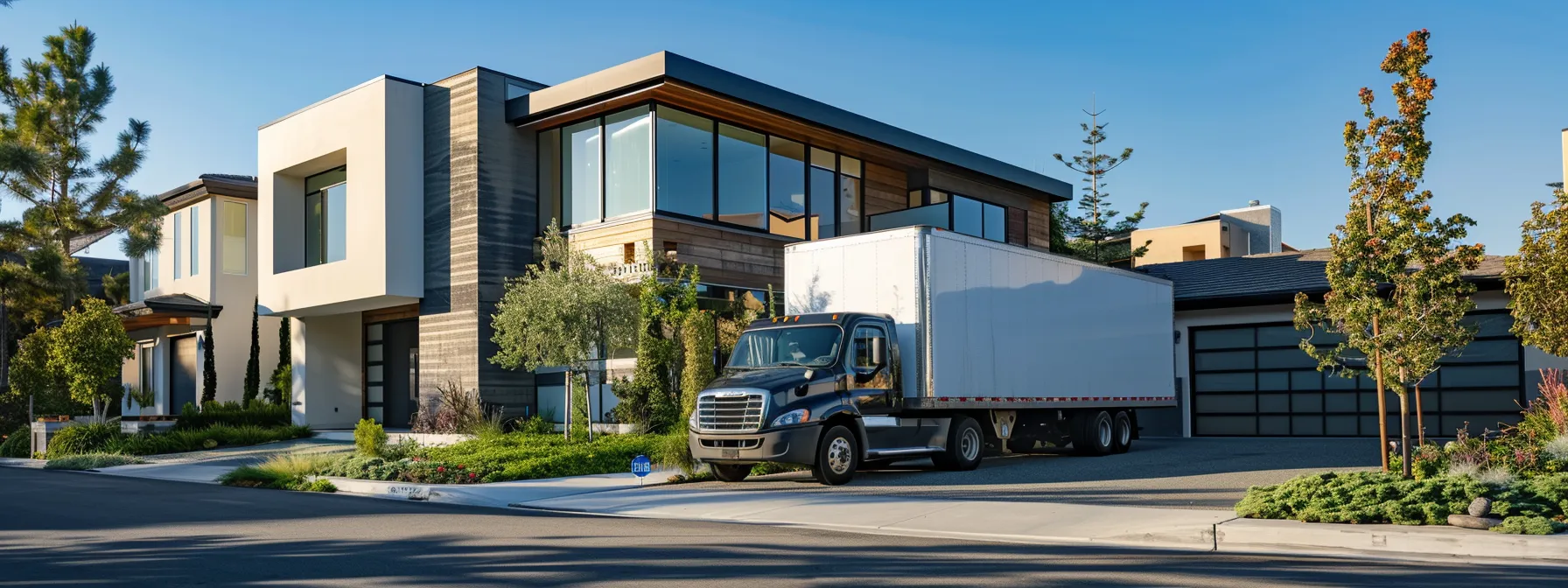 a moving truck parked in front of a modern home in irvine, ca, ready to transport belongings cross country. a moving truck parked in front of a modern home in irvine, ca, ready to transport belongings cross country.
