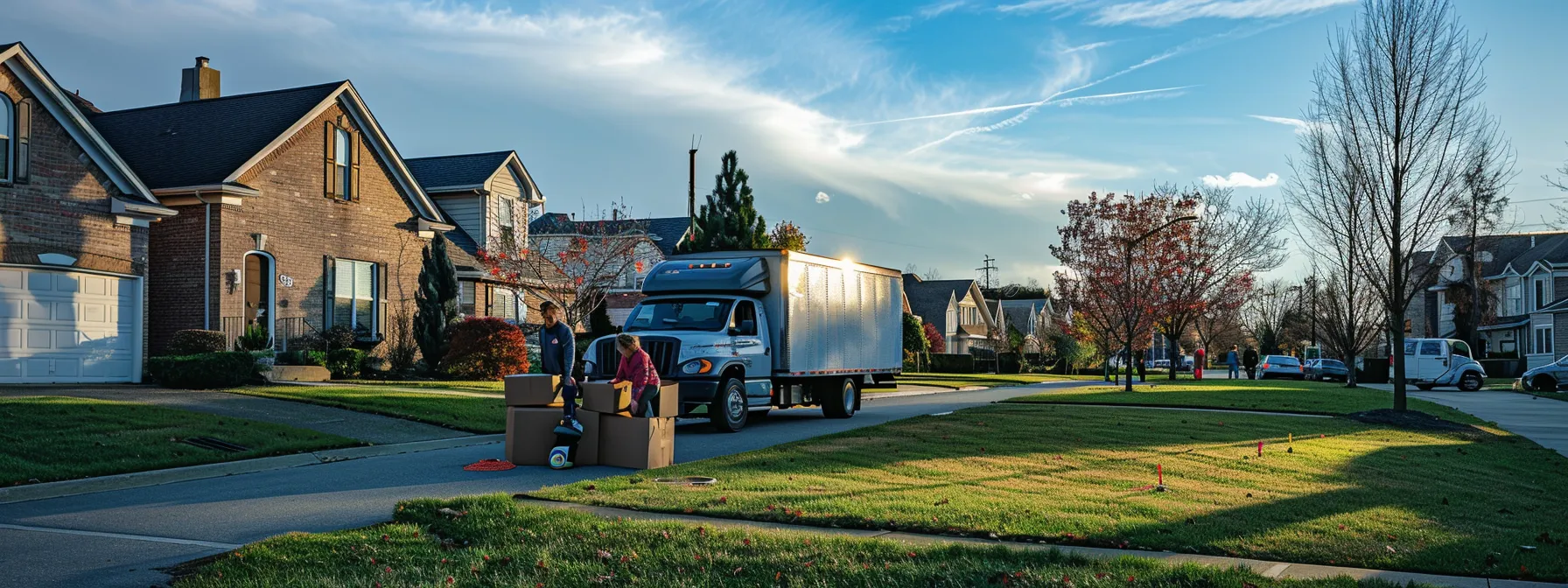a moving truck parked in front of a suburban home, with a family happily unloading boxes under a clear blue sky, symbolizing a stress-free and organized moving experience. a moving truck parked in front of a suburban home, with a family happily unloading boxes under a clear blue sky, symbolizing a stress-free and organized moving experience.