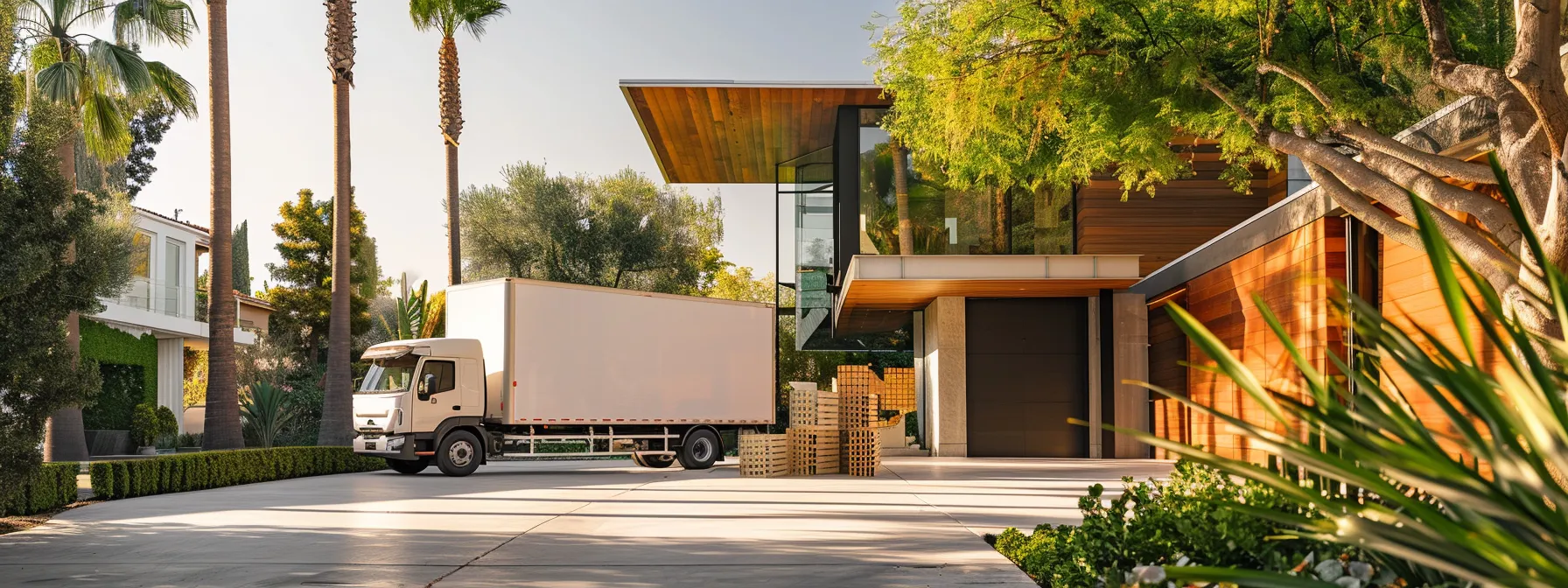 a moving truck parked outside a sleek modern home in irvine, ca with recyclable moving boxes stacked neatly on the driveway, showcasing a sustainable moving service. a moving truck parked outside a sleek modern home in irvine, ca with recyclable moving boxes stacked neatly on the driveway, showcasing a sustainable moving service.