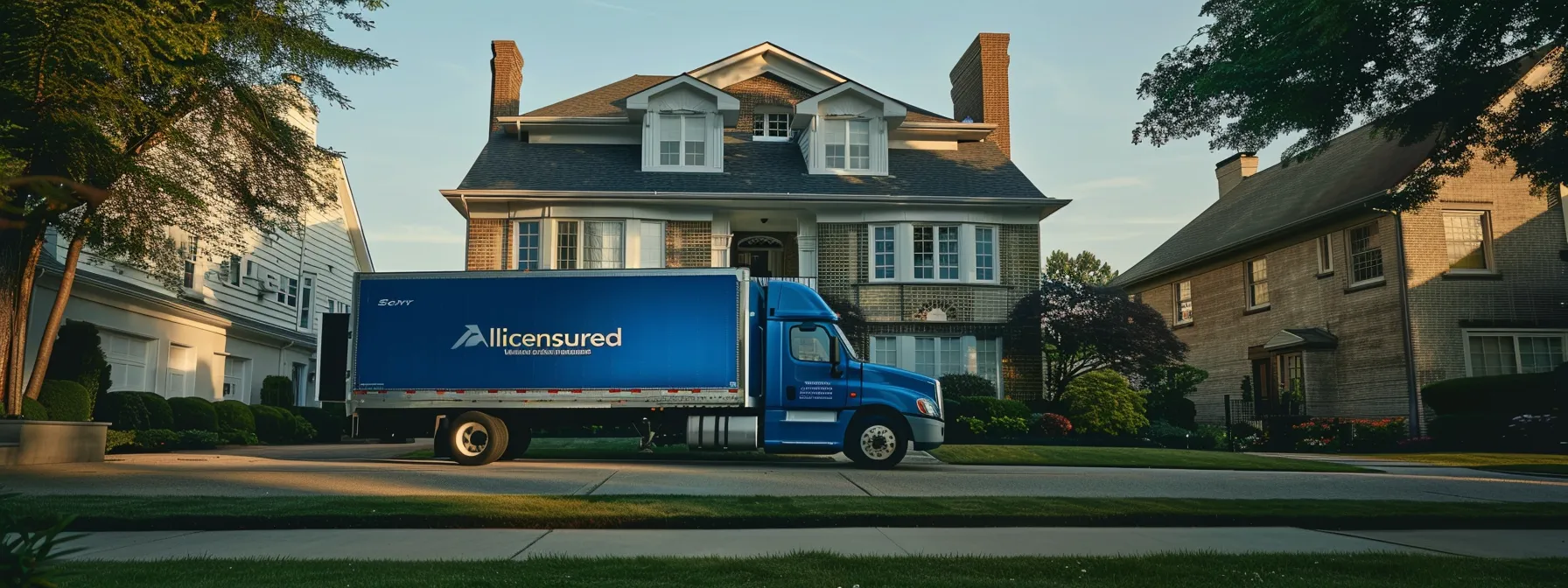 a moving truck parked in front of a house, with a logo on the side displaying a moving truck parked in front of a house, with a logo on the side displaying