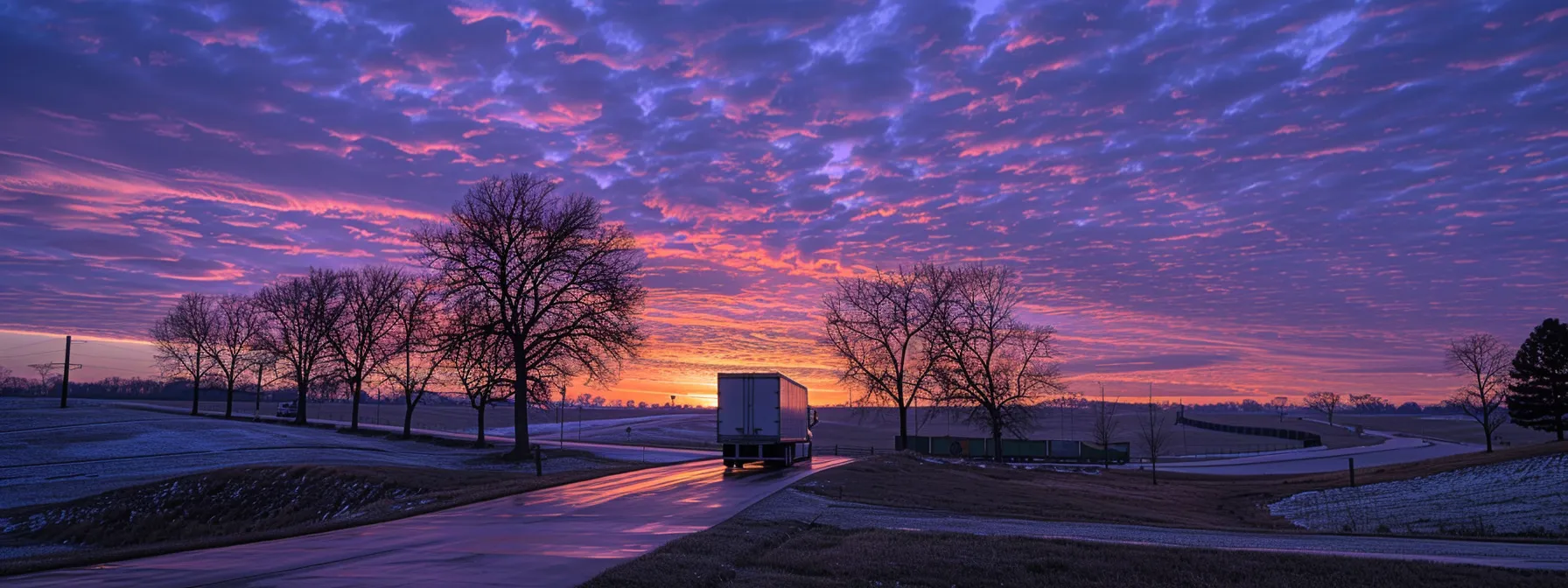 a moving truck parked at sunset, with a clear road ahead and a backdrop of purple and orange skies, symbolizing eco-friendly transportation practices with minimal traffic emissions.
