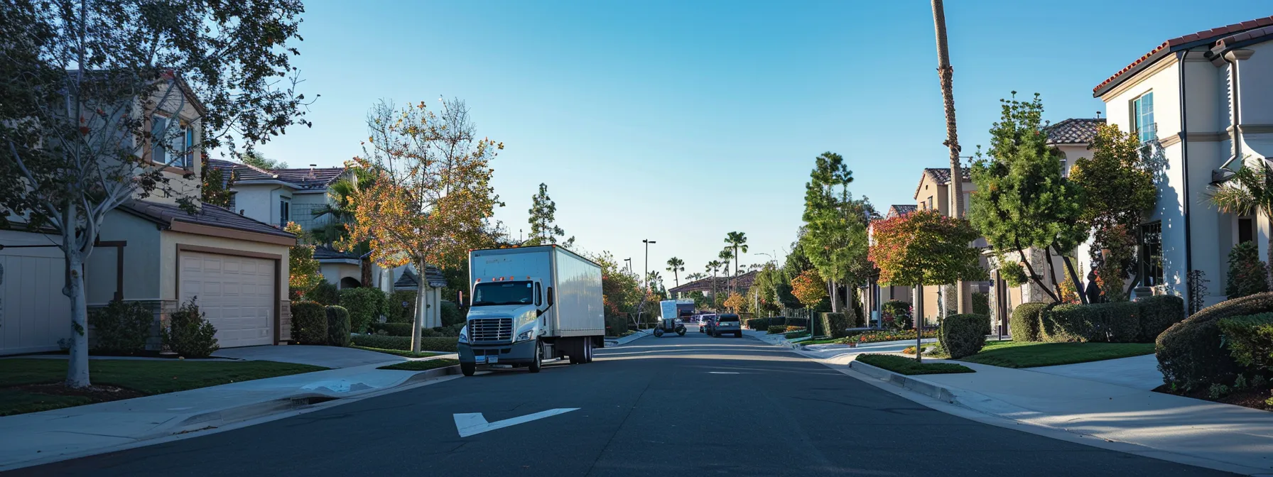 a moving truck parked on a serene street in irvine, ca, under a clear blue sky, showcasing the tranquility of a local move in orange county. a moving truck parked on a serene street in irvine, ca, under a clear blue sky, showcasing the tranquility of a local move in orange county.