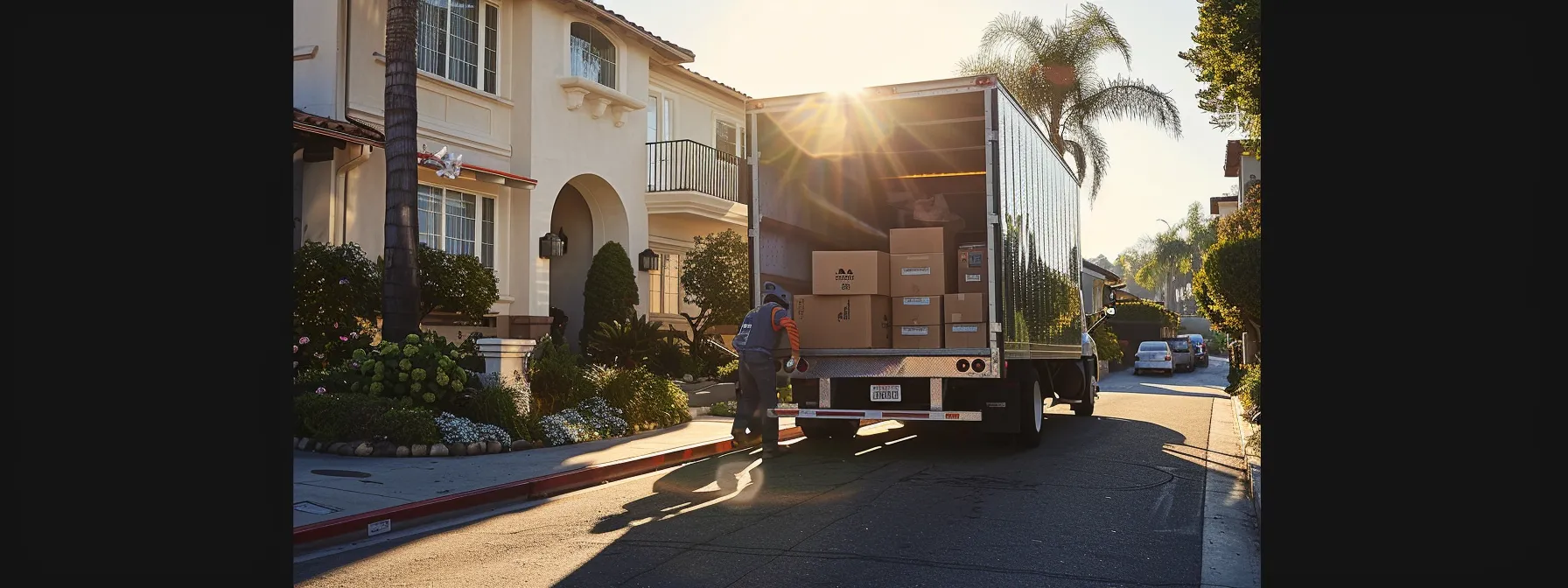 a moving truck parked in front of a sunny los angeles home, with a team of licensed and insured movers unloading boxes with precision and care.