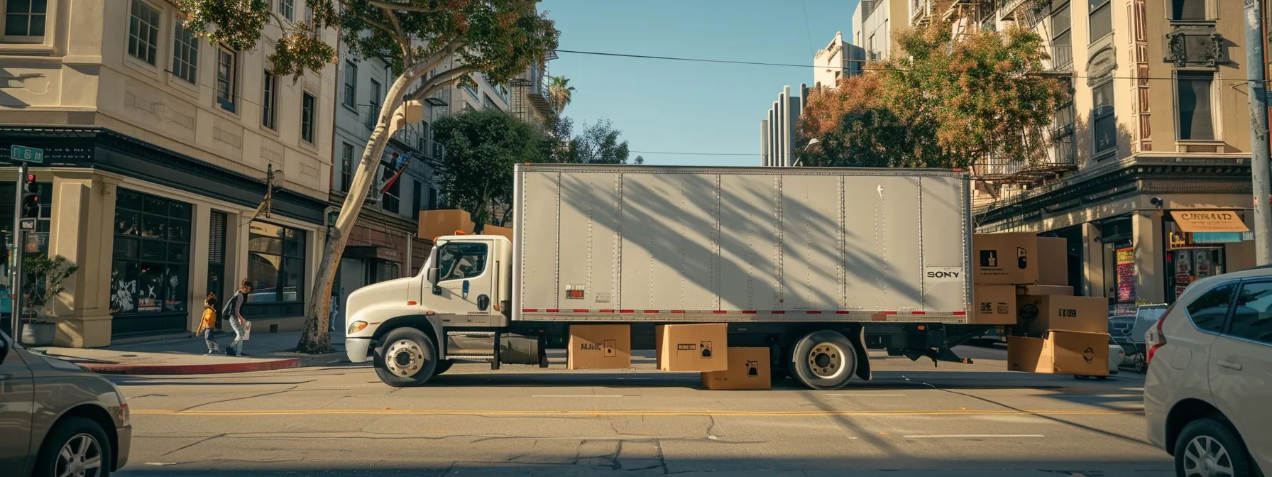 a moving truck parked in front of a bustling la street, with boxes stacked high and a moving crew strategizing the best route for a same-day move.