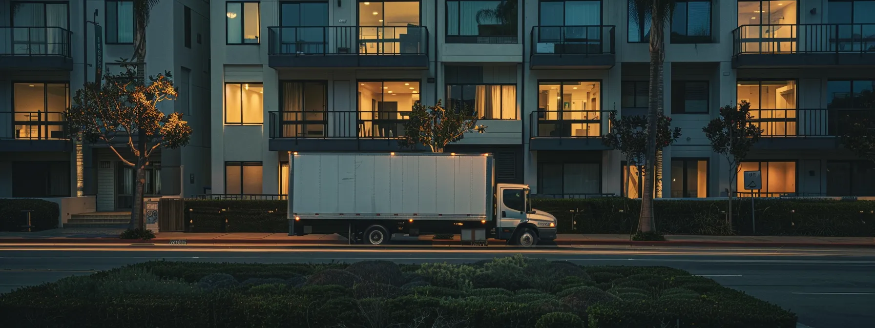 a moving truck parked in front of a modern apartment building in irvine, ca, capturing the essence of local moves in orange county.
