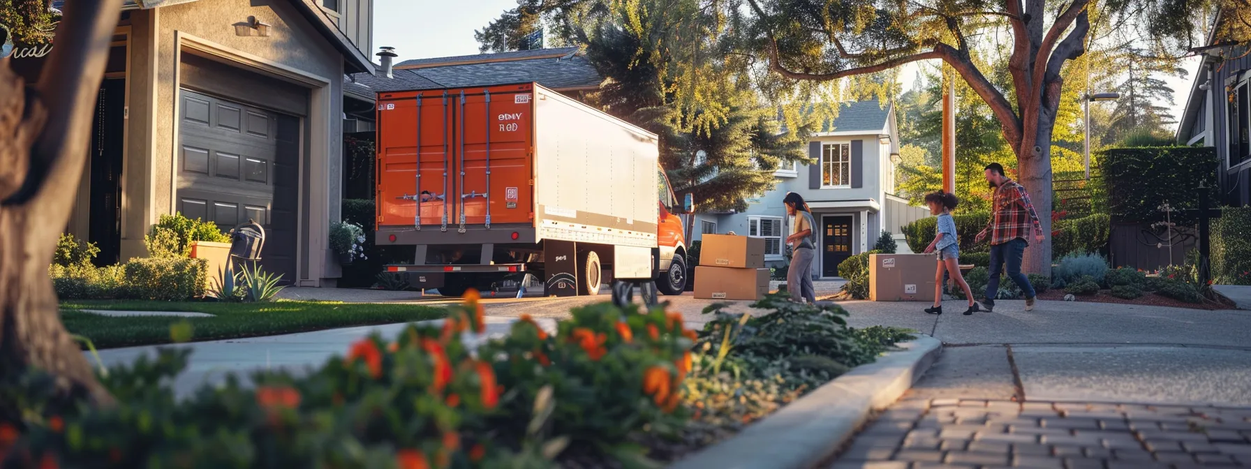 a moving truck parked in front of a home, with a family unloading boxes and looking surprised by unexpected hidden fees. a moving truck parked in front of a home, with a family unloading boxes and looking surprised by unexpected hidden fees.