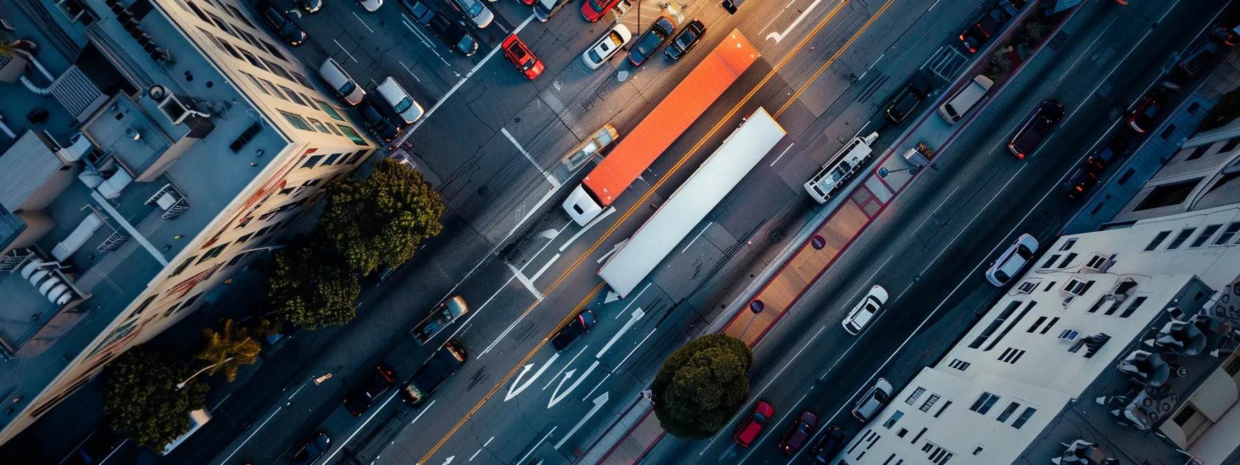 a moving truck winding its way through congested los angeles streets, navigating traffic and tight parking restrictions.