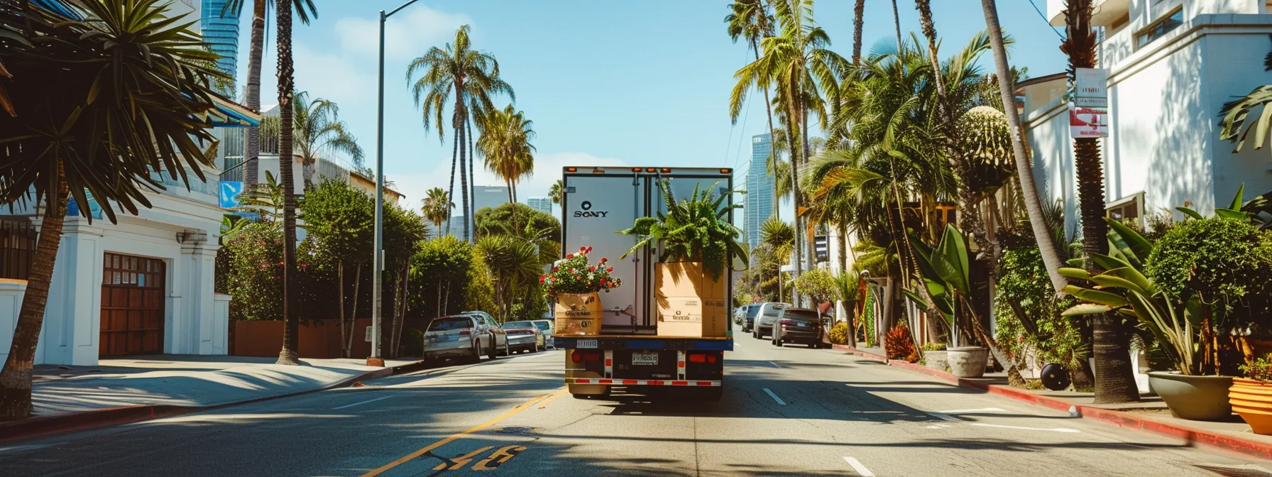 a moving truck winding through the bustling streets of los angeles, packed with carefully wrapped furniture and vibrant houseplants, symbolizing a seamless transition for a family moving to a new home. a moving truck winding through the bustling streets of los angeles, packed with carefully wrapped furniture and vibrant houseplants, symbolizing a seamless transition for a family moving to a new home.