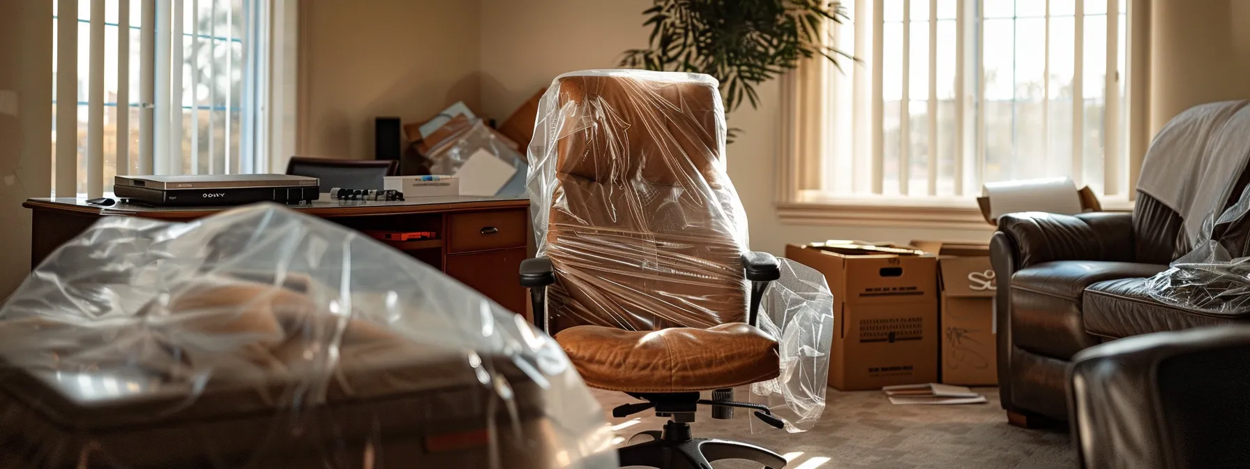 a neatly disassembled desk covered in protective plastic wrap, labeled and ready for relocation by movers in los angeles.