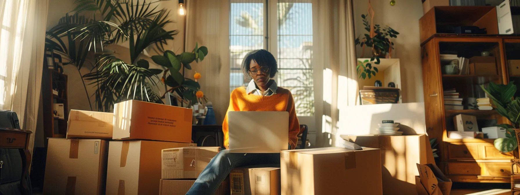 a person comparing moving companies on a laptop surrounded by moving boxes in a bright and organized home office in los angeles.