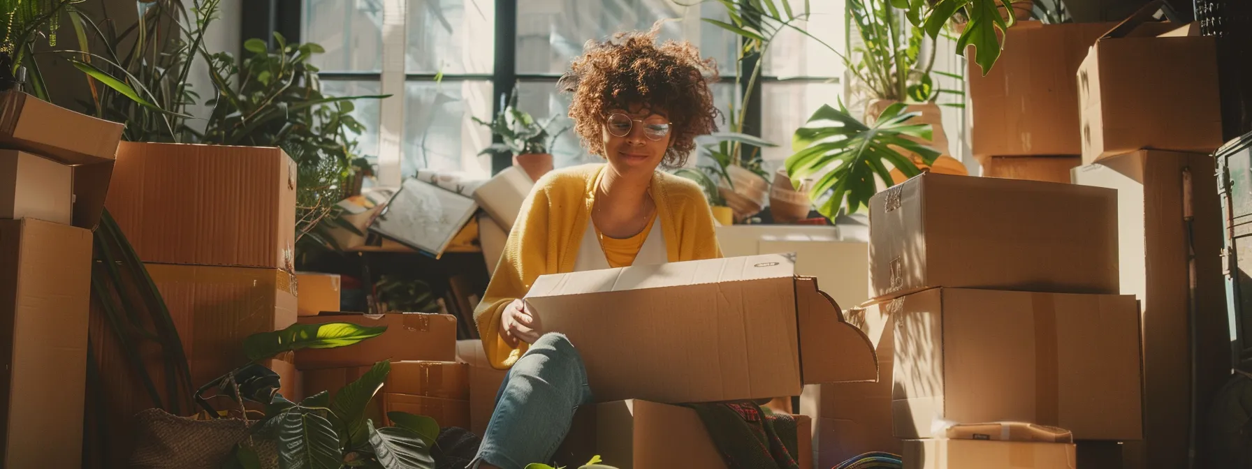a person happily packing reusable boxes surrounded by a variety of recycled packing materials in a sunlit room.