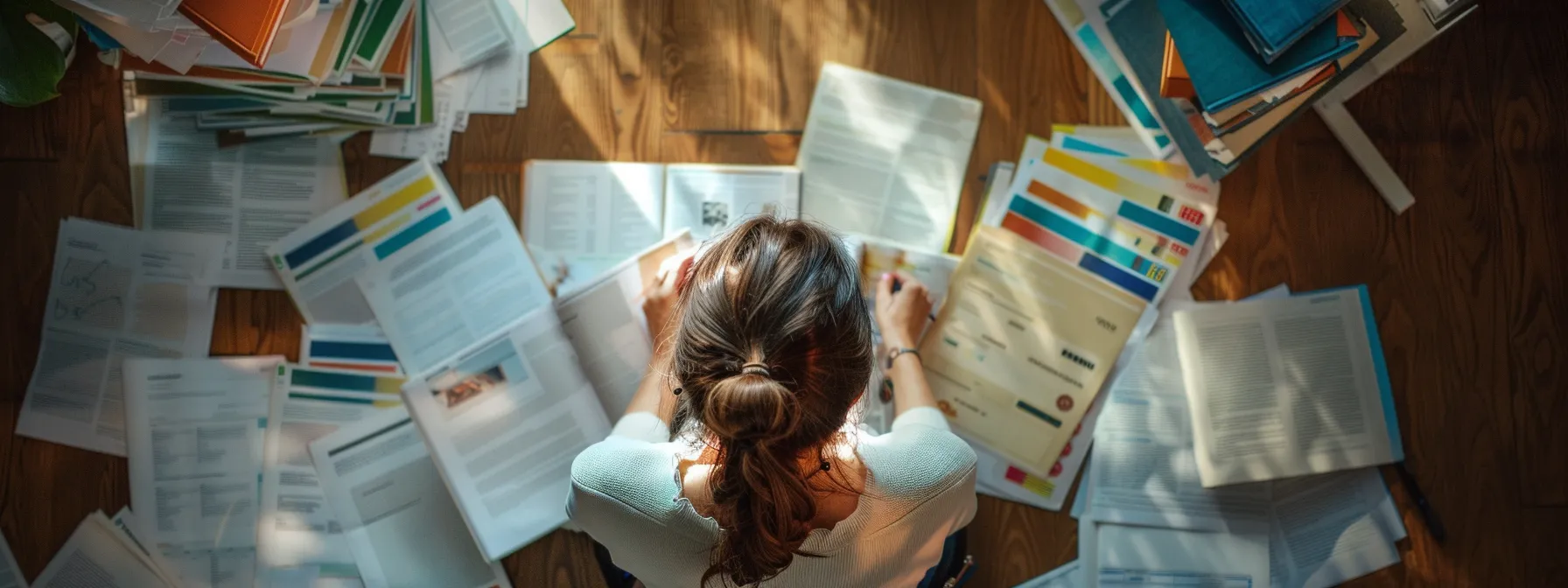 a person in irvine, ca carefully reviewing moving service information, surrounded by colorful brochures and notes, highlighting the final decision-making process.