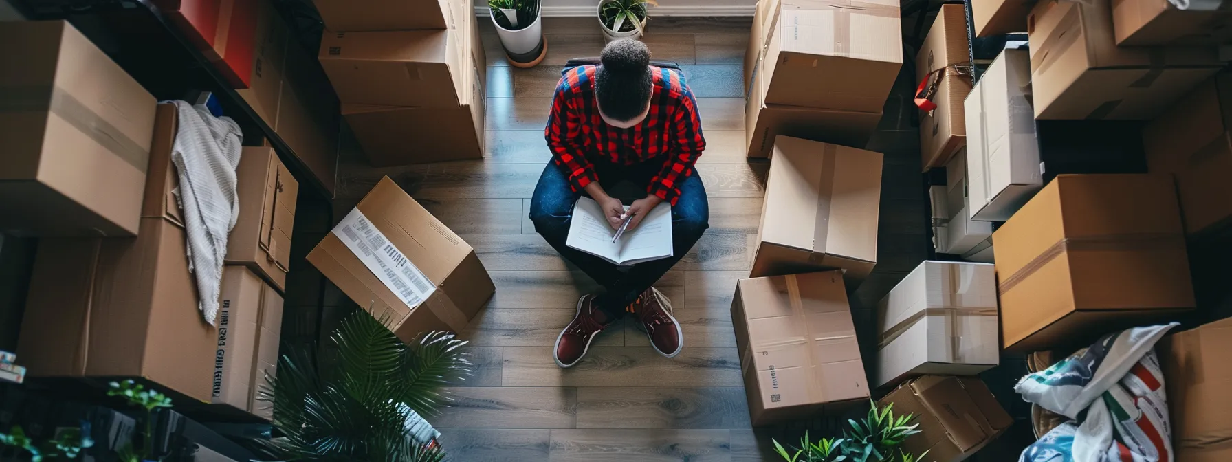 a person surrounded by professional movers, examining written estimates to compare services and pricing for a move in irvine, ca.