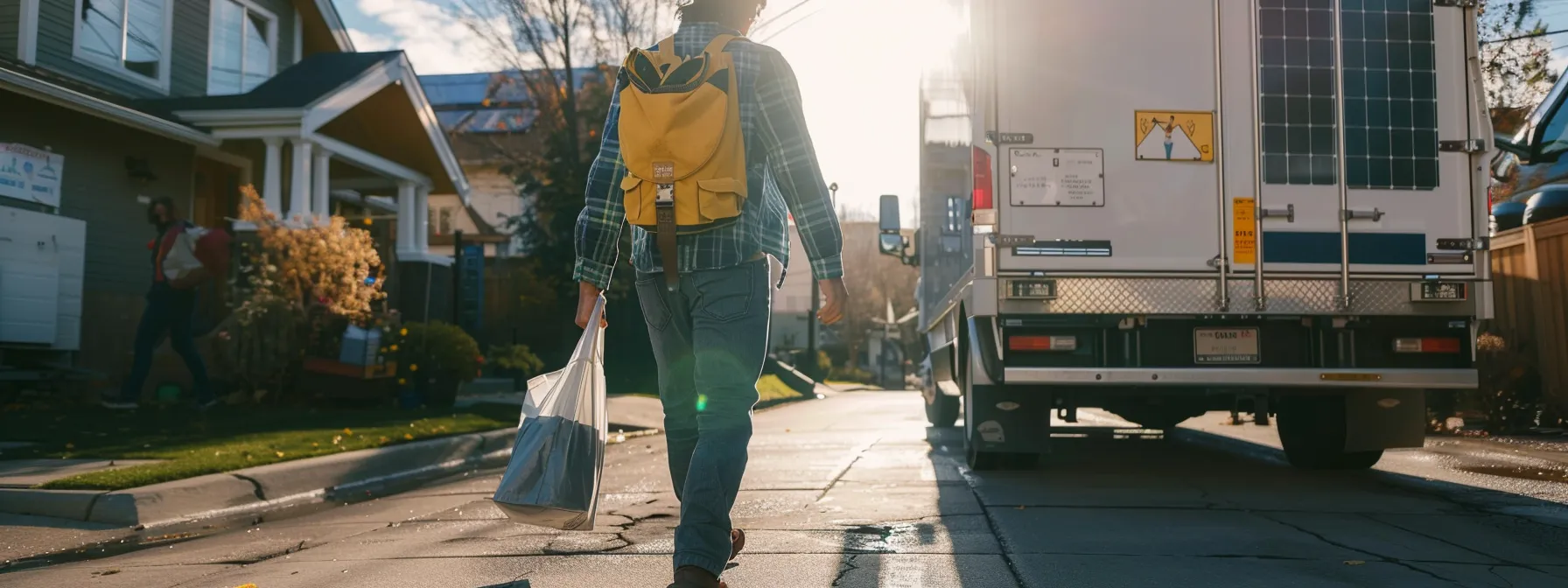 a person using a reusable tote bag filled with eco-friendly moving supplies, walking towards a moving truck with solar panels on the roof. a person using a reusable tote bag filled with eco-friendly moving supplies, walking towards a moving truck with solar panels on the roof.