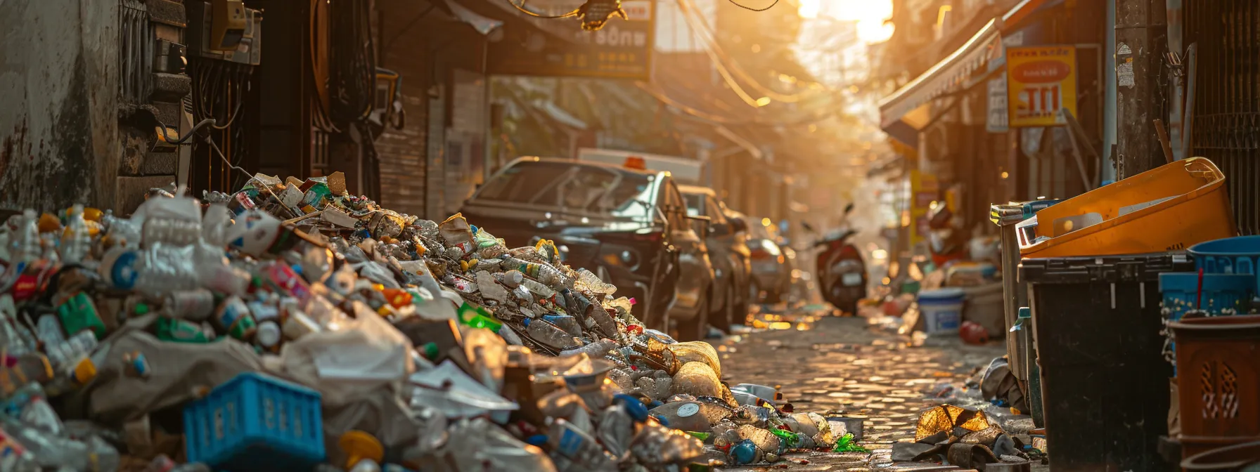 a pile of plastic and styrofoam packaging waste overflowing from a trash bin in a busy city alleyway, highlighting the environmental impact of traditional packing materials.