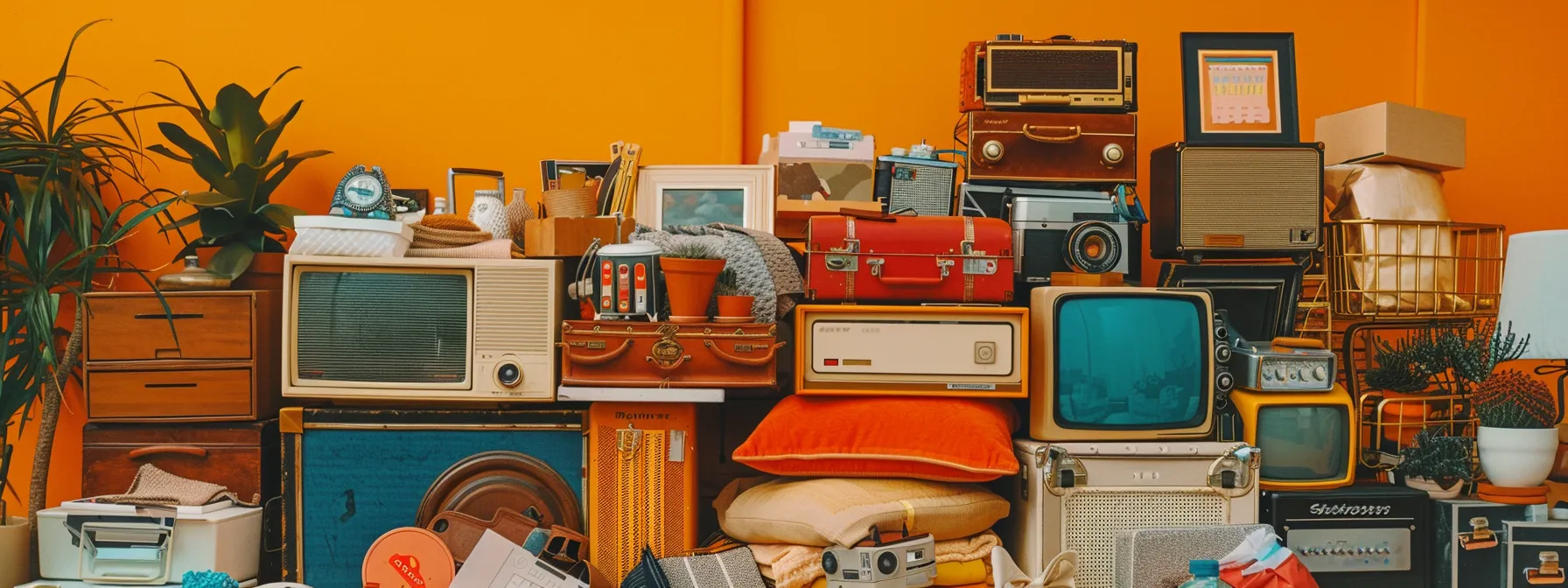 a pile of various household items stacked high against a bright orange backdrop to represent moving costs in orange county. a pile of various household items stacked high against a bright orange backdrop to represent moving costs in orange county.