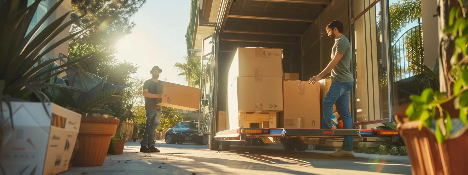 a professional la mover carefully loading furniture into a moving truck while a satisfied customer looks on, surrounded by transparent pricing charts and friendly customer service representatives.