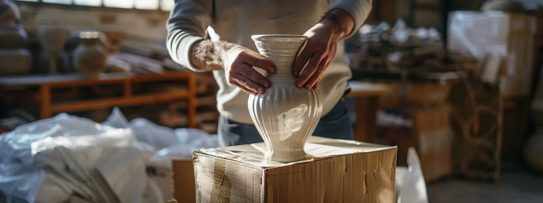 a professional mover carefully wrapping a delicate antique vase with protective padding during the packing process. a professional mover carefully wrapping a delicate antique vase with protective padding during the packing process.