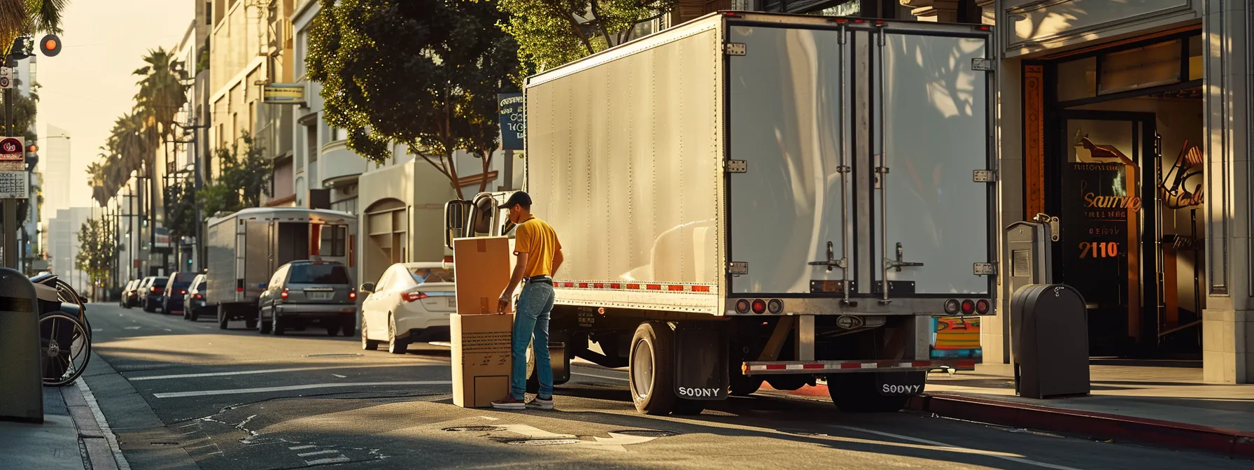 a professional mover carefully loading an essentials box into a moving truck in the bustling city of los angeles. a professional mover carefully loading an essentials box into a moving truck in the bustling city of los angeles.