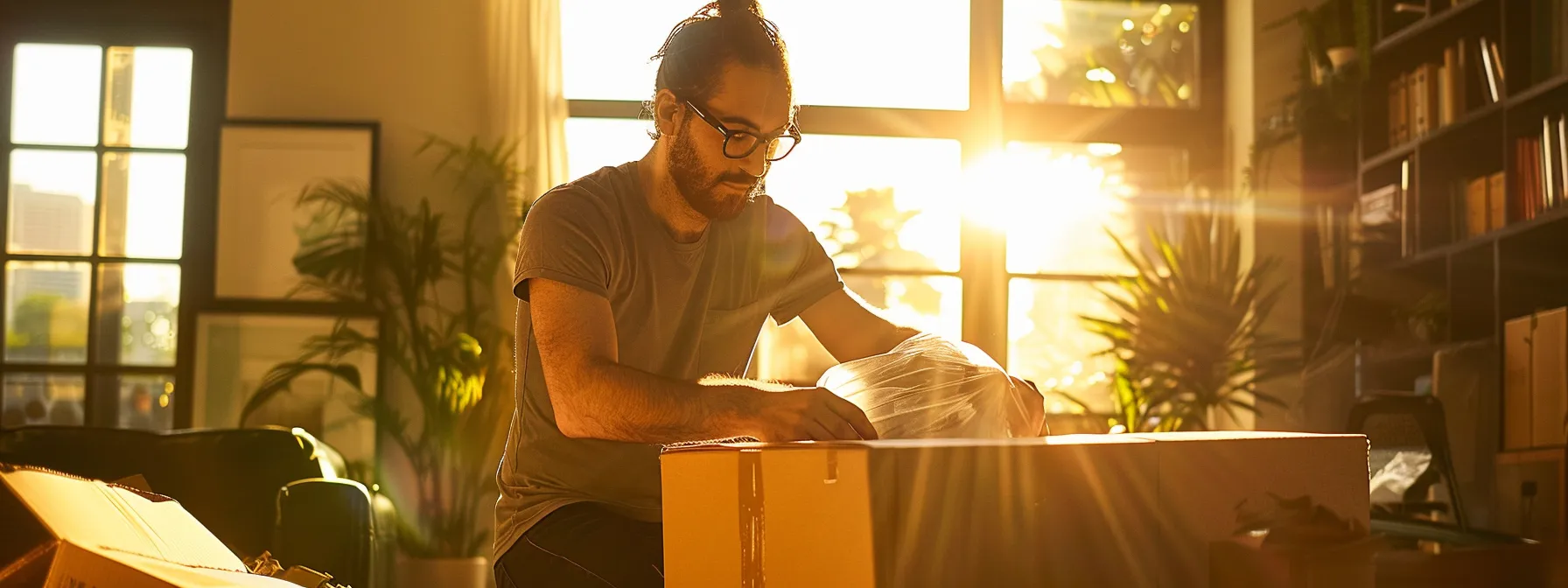 a professional mover carefully packing a fragile item into a cushioned box during a same-day move in los angeles. a professional mover carefully packing a fragile item into a cushioned box during a same-day move in los angeles.