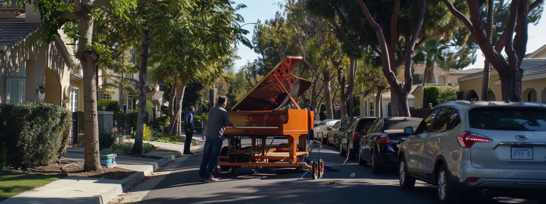 a professional moving company transporting a grand piano down a tree-lined street in irvine, ca. a professional moving company transporting a grand piano down a tree-lined street in irvine, ca.