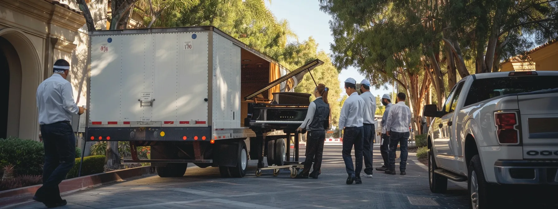 a professional moving crew carefully loading a grand piano into a moving truck in irvine, ca. a professional moving crew carefully loading a grand piano into a moving truck in irvine, ca.