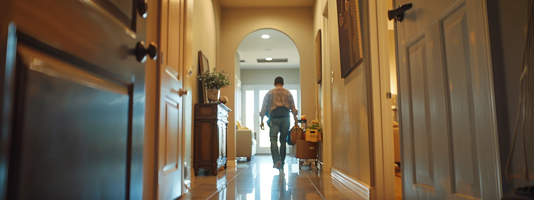 a professional moving crew carefully maneuvering a large fragile mirror down a narrow hallway in irvine, ca.