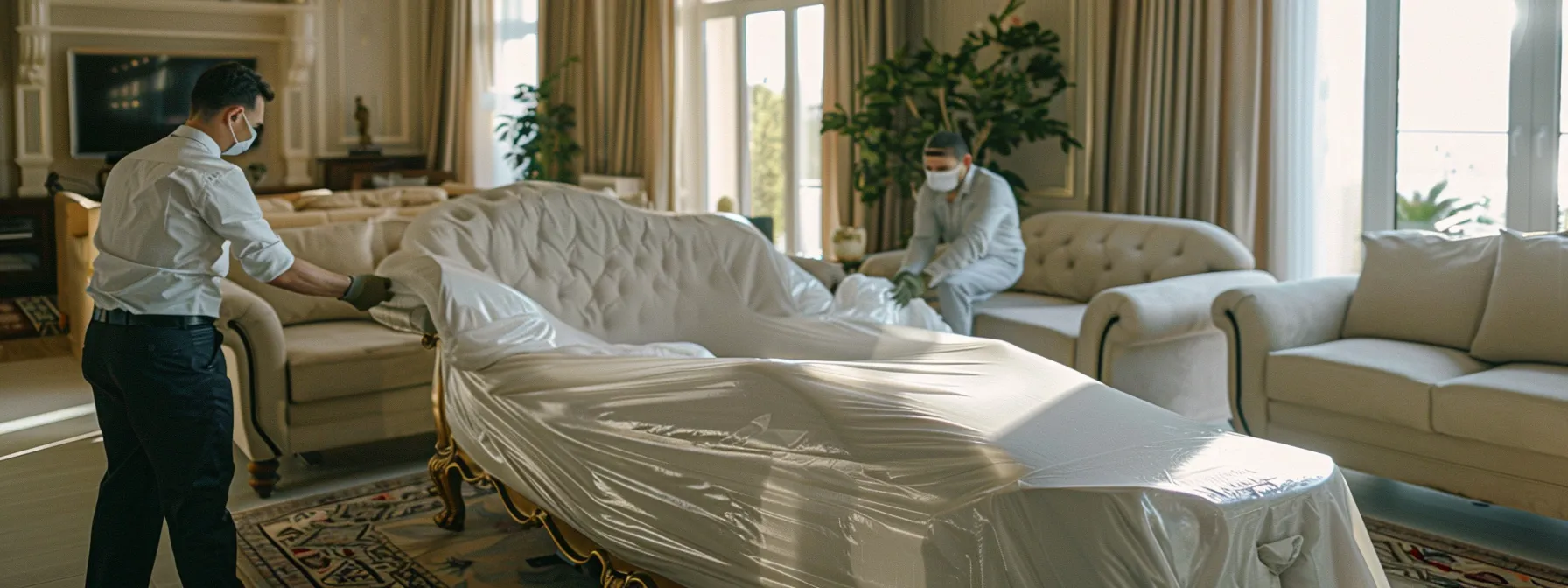 a professional moving crew carefully wrapping and securing a large, elegant sofa in a spacious, well-lit living room.