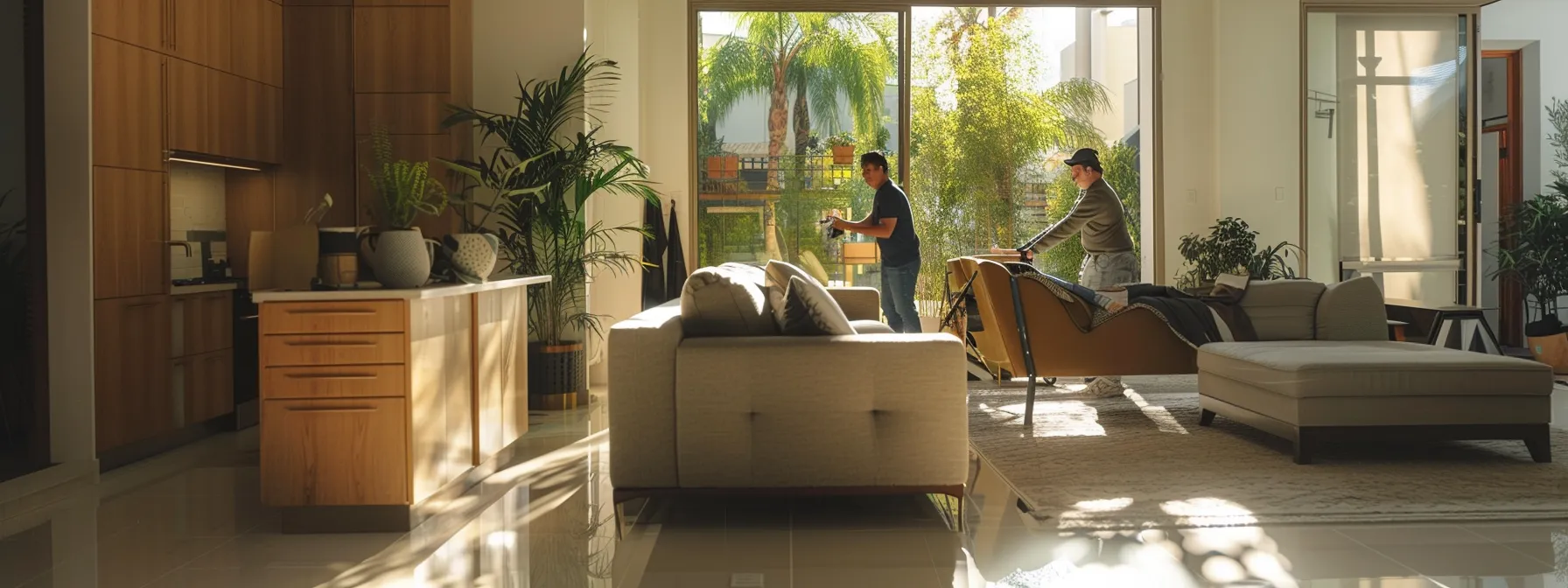 a professional moving crew carefully transporting furniture through a modern, spacious home in los angeles, showcasing expertise and efficiency.