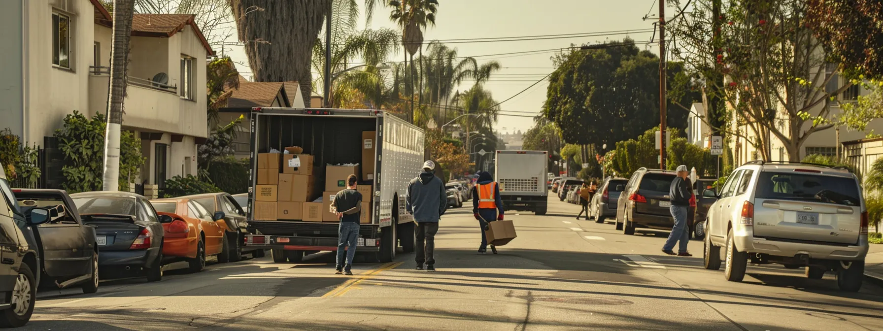 a professional moving crew carefully navigating through a congested los angeles neighborhood, loaded with boxes and furniture, as they tackle the challenges of traffic and limited parking.