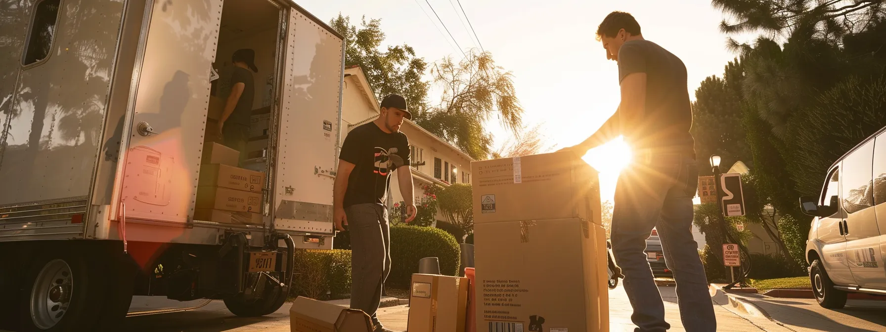 a professional moving team in los angeles carefully inspecting their licensing and insurance credentials before packing up for a residential move. a professional moving team in los angeles carefully inspecting their licensing and insurance credentials before packing up for a residential move.