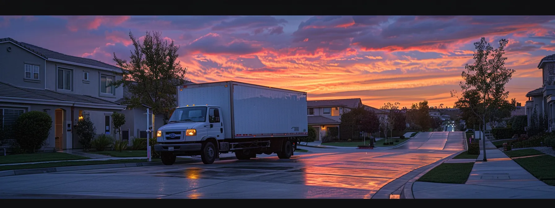 a professional moving truck parked in front of a sunset-lit irvine home, ready to transport belongings across the country. a professional moving truck parked in front of a sunset-lit irvine home, ready to transport belongings across the country.