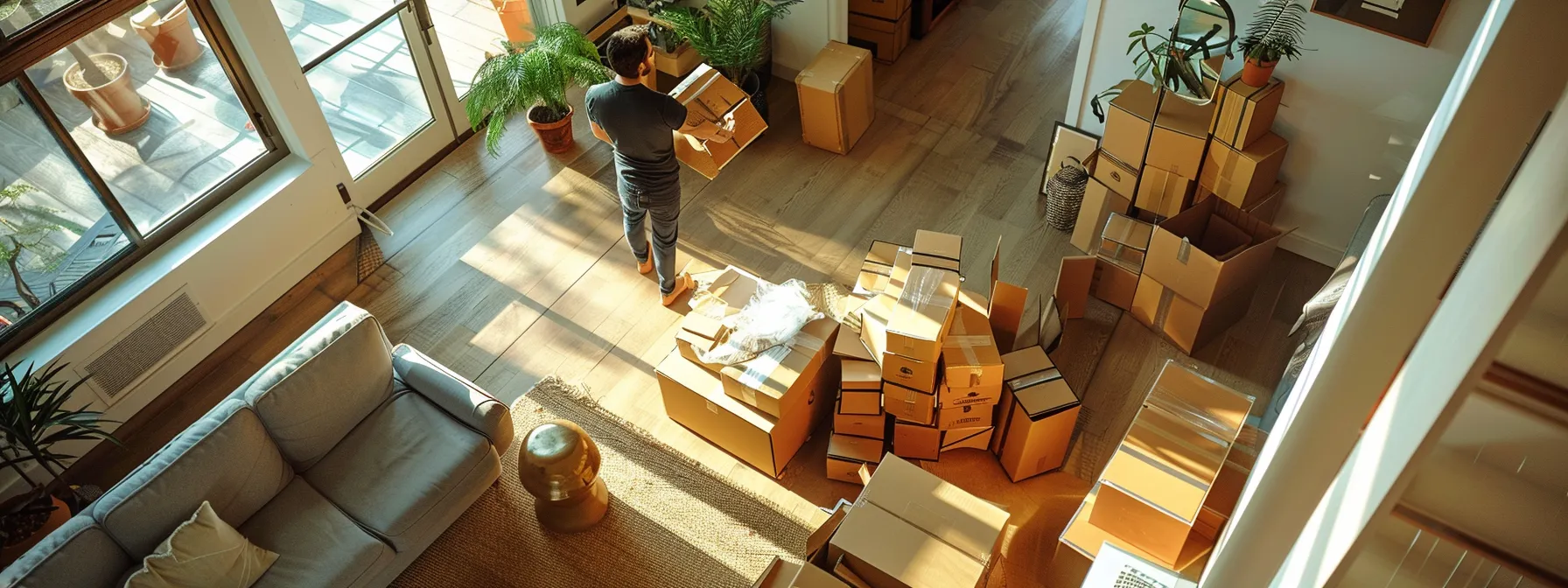 a professional packer meticulously organizing boxes in a spacious los angeles apartment before a cross-country move. a professional packer meticulously organizing boxes in a spacious los angeles apartment before a cross-country move.