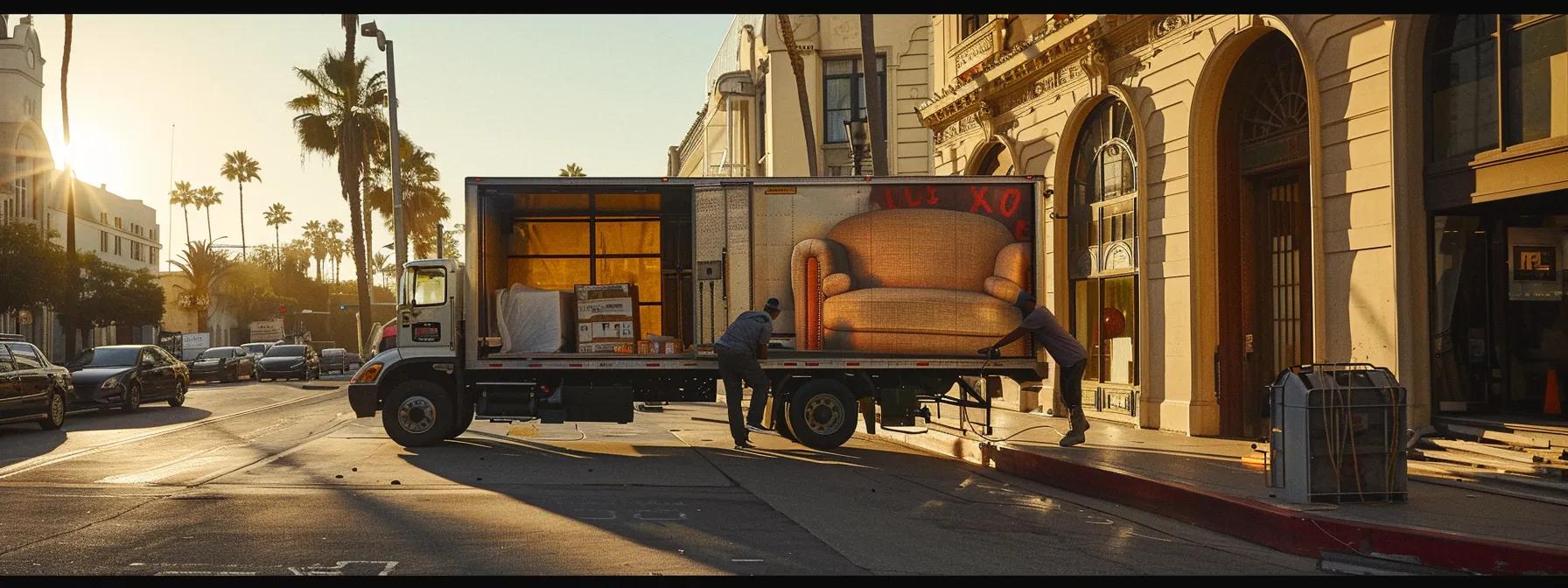 a professional team carefully maneuvering a large, well-protected sofa into a climate-controlled moving truck in the bustling streets of los angeles.