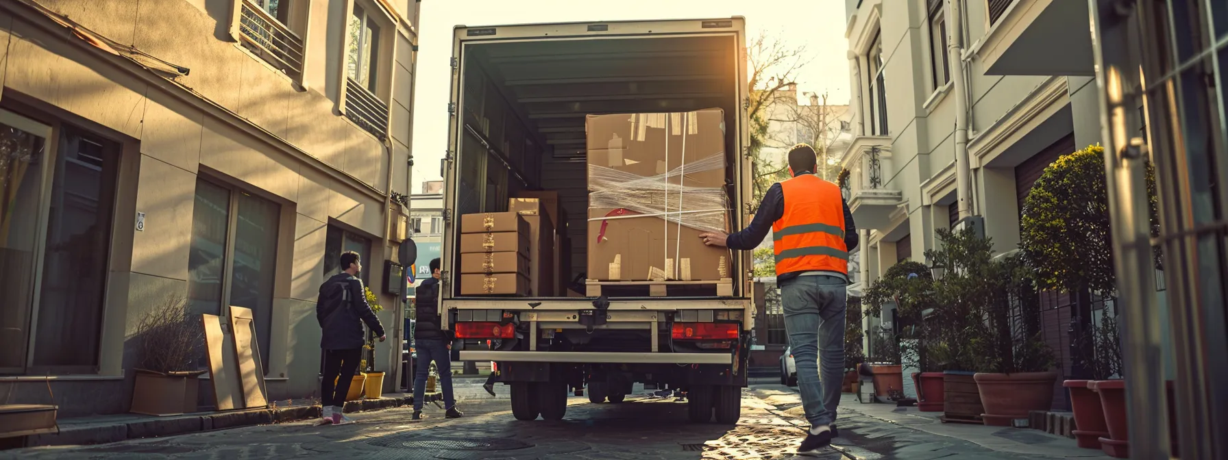 a professional team efficiently loading a moving truck with modern equipment in a well-organized and safe manner. a professional team efficiently loading a moving truck with modern equipment in a well-organized and safe manner.