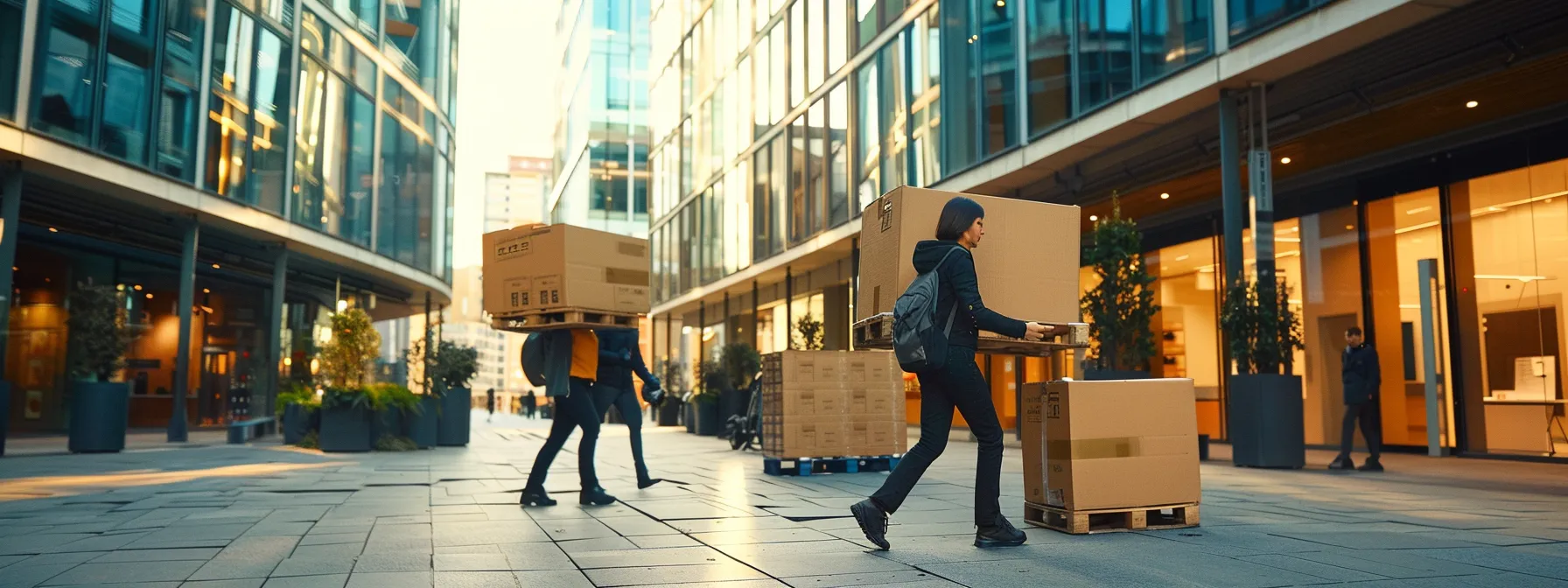 a professional team of office movers carefully transporting sensitive equipment through a modern, bustling business district.