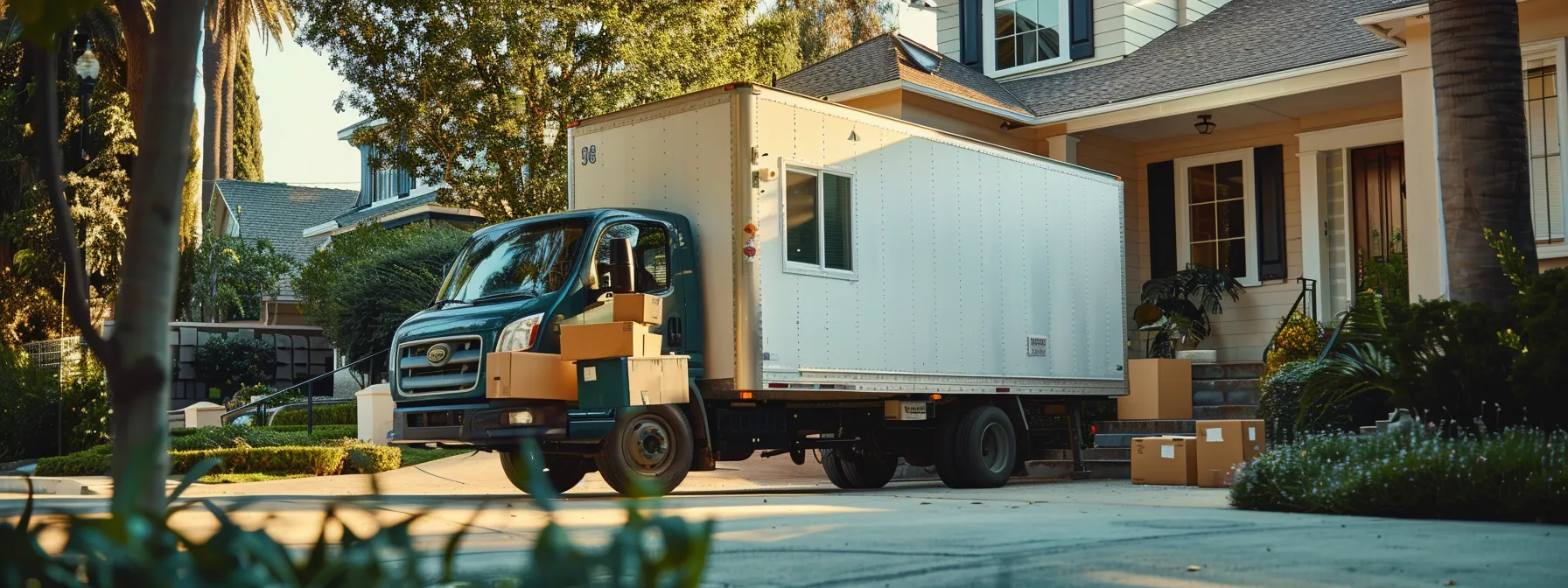 a reliable moving company carefully loading boxes into a moving truck in front of a suburban los angeles home, showcasing professionalism and efficiency.
